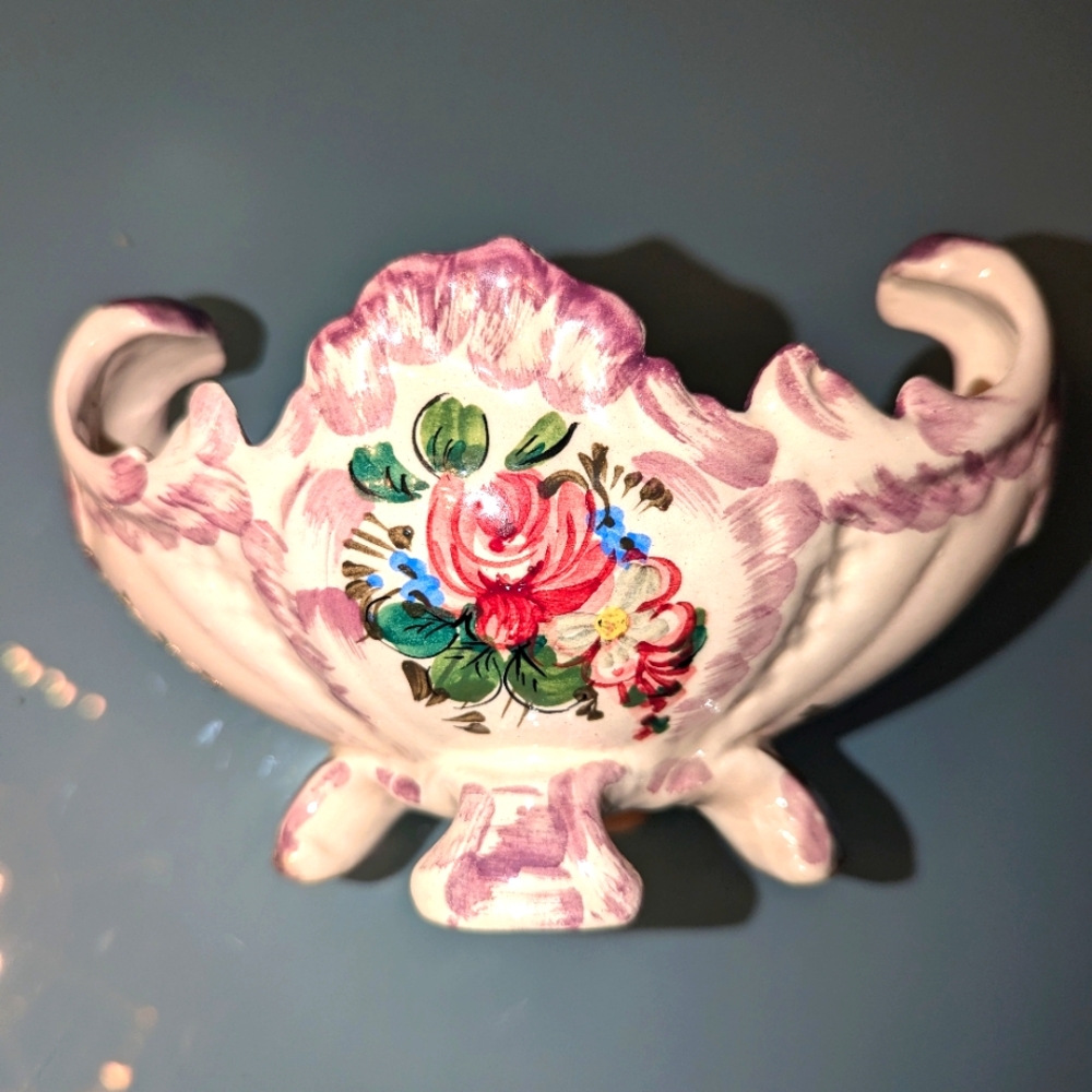 Victorian Italian Hand Painted Footed Ceramic Boat Dish - Vintage